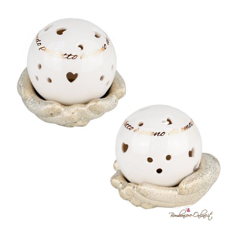 Bomboniera Sfera Bianca con frase oro Su Base Mani con Luce Led