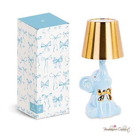 Bomboniera Lampada Elefantino Porcellana Celeste con Fiocco Dorato