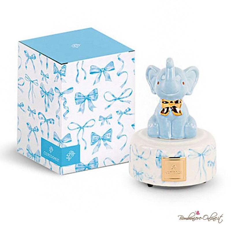 Bomboniera Carillon Elefantino Porcellana Celeste con Fiocco Dorato