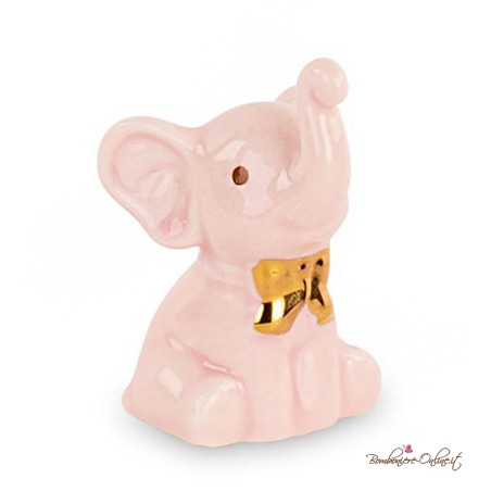 Bomboniera Elefantino Piccolo Porcellana Rosa con Fiocco Dorato
