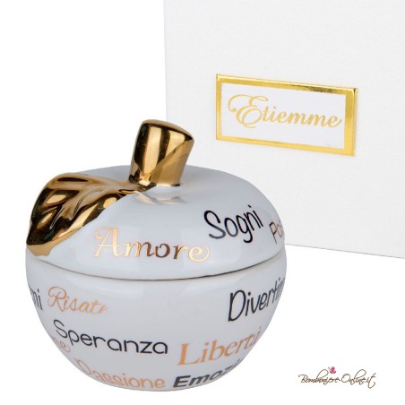 Bomboniera Scatola Mela Bianca Estasi con Scritte Dorate
