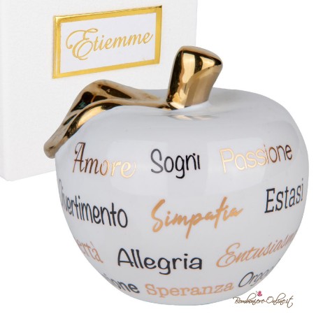 Bomboniera Mela Bianca Estasi con Scritte Dorate