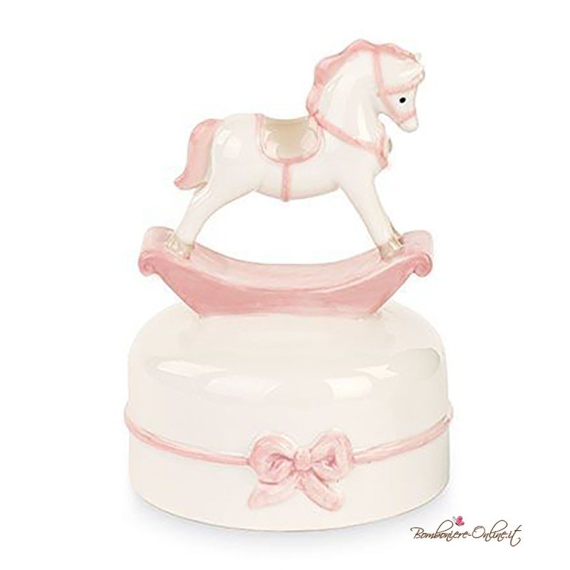 Bomboniera Battesimo Carillon Cavallino a Dondolo Rosa in Porcellana