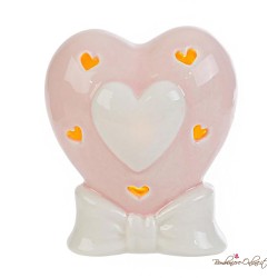 Bomboniera Cuore Rosa Fiocco in Porcellana con Luce Led