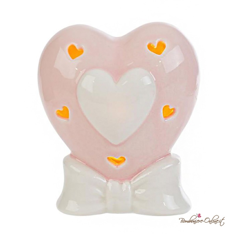 Bomboniera Cuore Rosa Fiocco in Porcellana con Luce Led