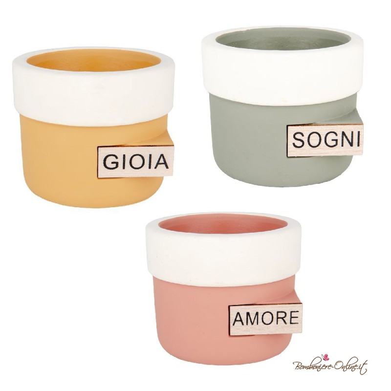 Bomboniera Vaso Porta Piante con Etichetta Gioia, Sogni, Amore