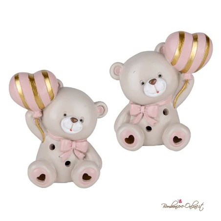 Bomboniera Orsetto Rosa con Palloncino a strisce dorate e Luce Led