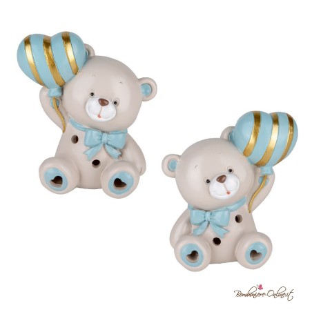 Bomboniera Orsetto Celeste con Palloncino a strisce dorate e Luce Led