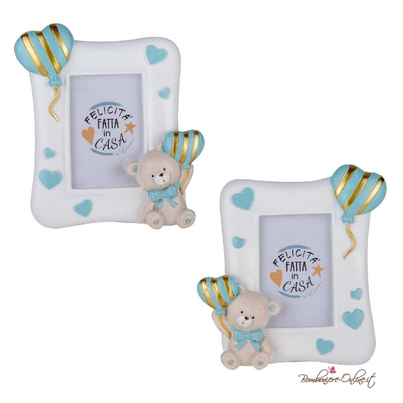 Bomboniera Cornice Portafoto Orsetto Celeste con Palloncino a strisce dorate