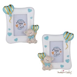 Bomboniera Cornice Portafoto Grande Orsetto Celeste con Palloncino a strisce dorate