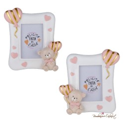 Bomboniera Cornice Portafoto Grande Orsetto Rosa con Palloncino a strisce dorate