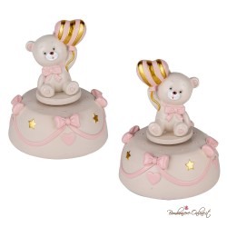 Bomboniera Carillon Orsetto Rosa con Palloncino a strisce dorate