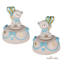 Bomboniera Carillon Orsetto Celeste con Palloncino a strisce dorate