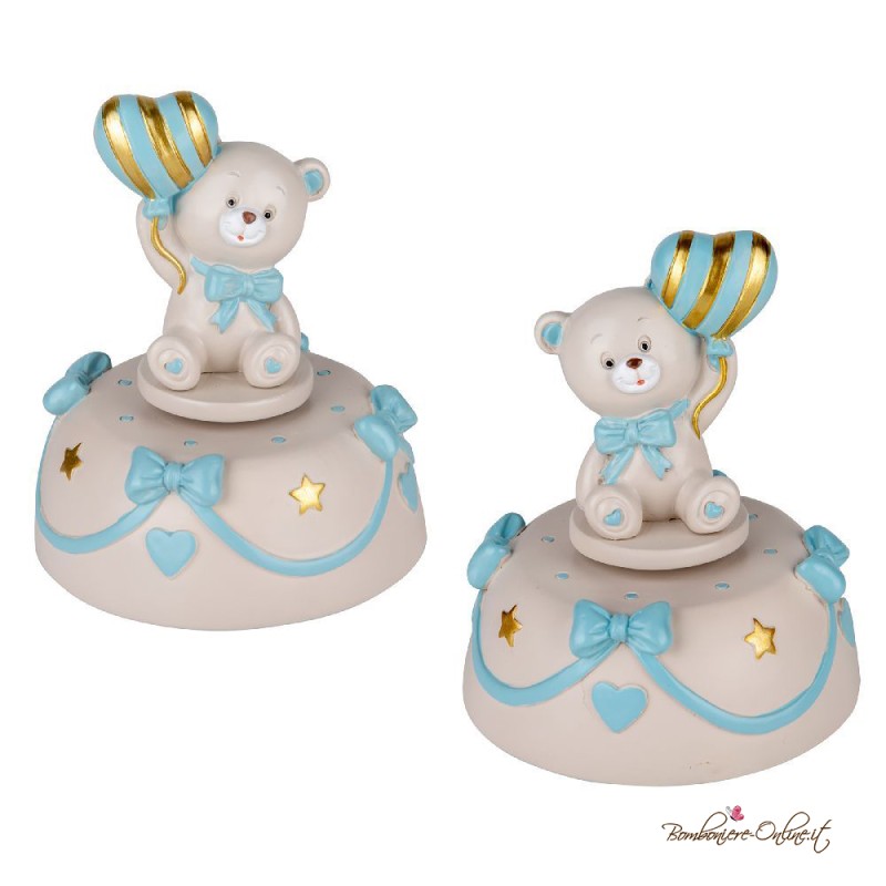 Bomboniera Carillon Orsetto Celeste con Palloncino a strisce dorate