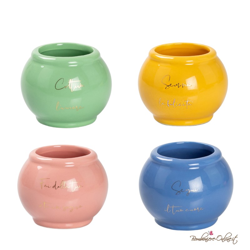 Bomboniera Porta Piantina Porcellana Bombata cono Frase