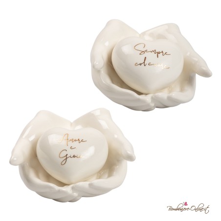 Bomboniera Mani in Porcellana con Cuore Bianco con Frase