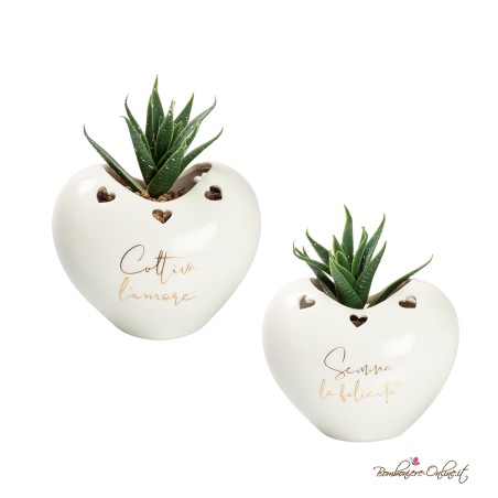 Bomboniera Porta piantina Cuore in Porcellana Bianca con Frase