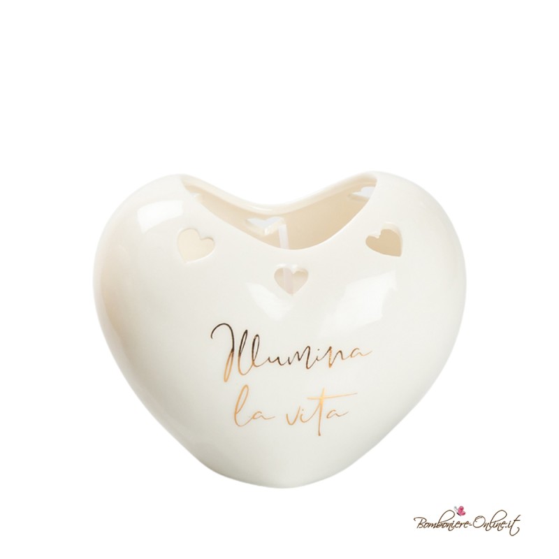 Bomboniera Candela Cuore in Porcellana Bianca con Frase