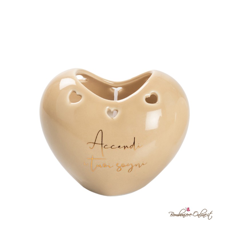 Bomboniera Candela Cuore in Porcellana Tortora con Frase