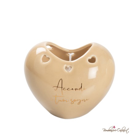 Bomboniera Candela Cuore in Porcellana Tortora con Frase