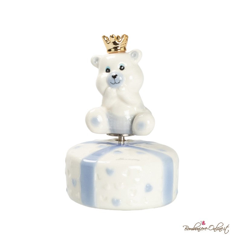 Bomboniera Carillon in Porcellana Orsetto Celeste con Corona