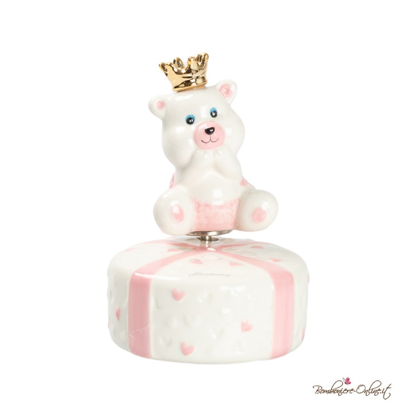 Bomboniera Carillon in Porcellana Orsetto Rosa con Corona