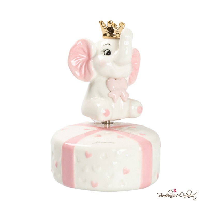 Bomboniera Carillon in Porcellana Elefantino Rosa con Corona
