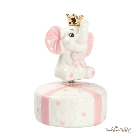 Bomboniera Carillon in Porcellana Elefantino Rosa con Corona