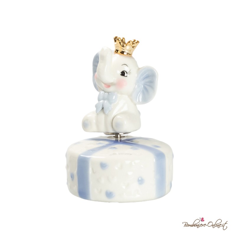 Bomboniera Carillon in Porcellana Elefantino Celeste con Corona