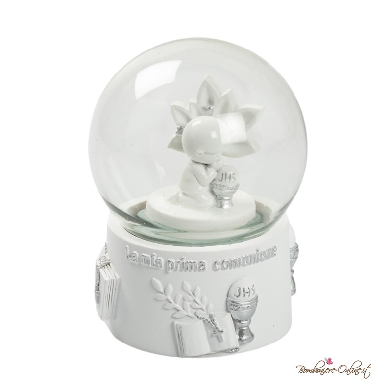 Bomboniera Sfera di Neve Prima Comunione Bambino con Dettagli Silver