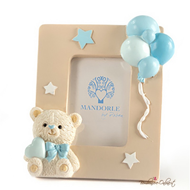 Bomboniera Cornice Portafoto Celeste Orsetto con Palloncini
