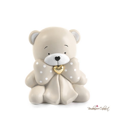 Bomboniera Salvadanaio Orsetto in Porcellana Tortora Seduto con Fiocco