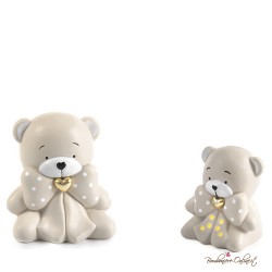 Bomboniera Salvadanaio Orsetto in Porcellana Tortora Seduto con Fiocco