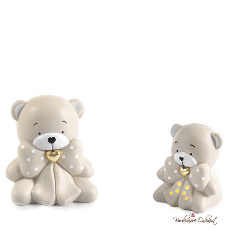 Bomboniera Salvadanaio Orsetto in Porcellana Tortora Seduto con Fiocco