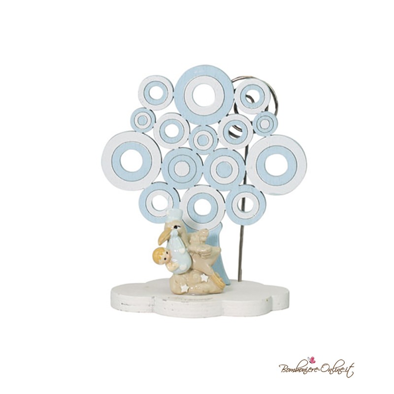 Albero della vita in legno con cicogna clip holder azzurro
