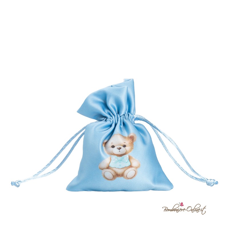 Sacchetto Porta Confetti Azzurro con Orsetto Stampato