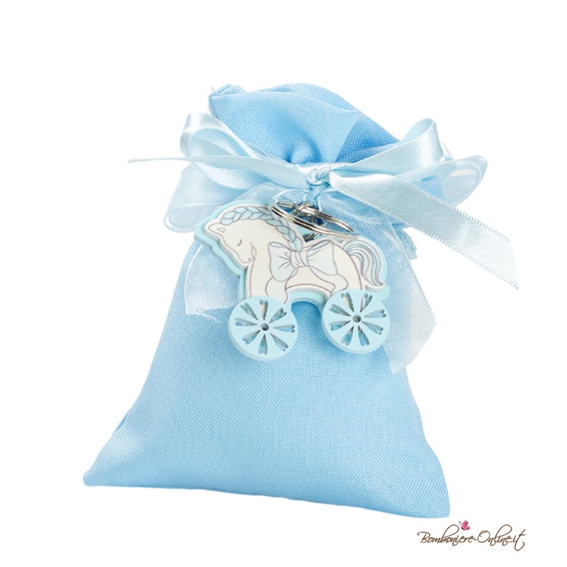 Sacchetto Porta Confetti Azzurro con Portachiavi Cavallino a Dondolo