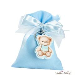 Sacchetto Porta Confetti Azzurro con Portachiavi Orsetto