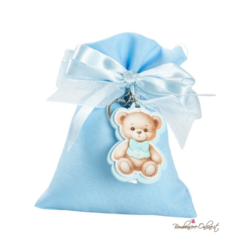 Sacchetto Porta Confetti Azzurro con Portachiavi Orsetto