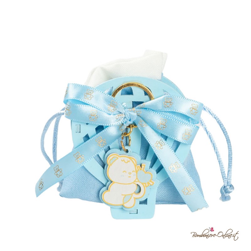 Porta Confetti Azzurro Mongolfiera con Portachiavi Orsetto