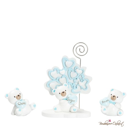 Bomboniera Albero di Cuori Azzurro Orsetto con Cuore Clip portafoto