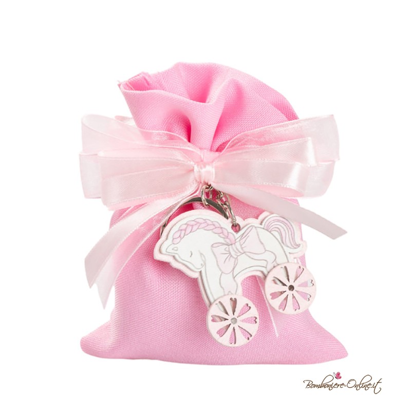 Sacchetto Porta Confetti Rosa con Portachiavi Cavallino a Dondolo