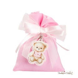 Sacchetto Porta Confetti Rosa con Portachiavi Orsetto