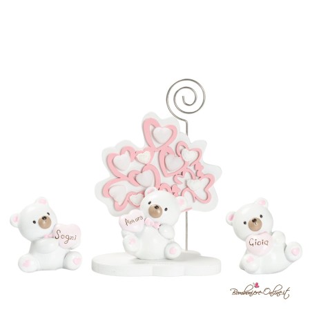 Bomboniera Albero di Cuori Rosa Orsetto con Cuore Clip portafoto