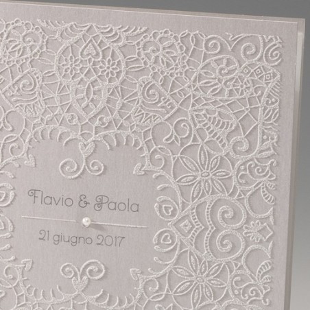 Partecipazione Matrimonio "Pizzo Deluxe" con invito incluso in set con segnaposto, menù e scatola portaconfetti