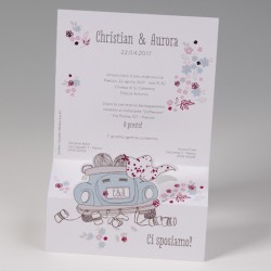 Partecipazione matrimonio: "Sposi in auto maggiolino con lattine