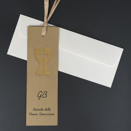 Invito Prima Comunione verticale avana con intaglio Croce e Calice