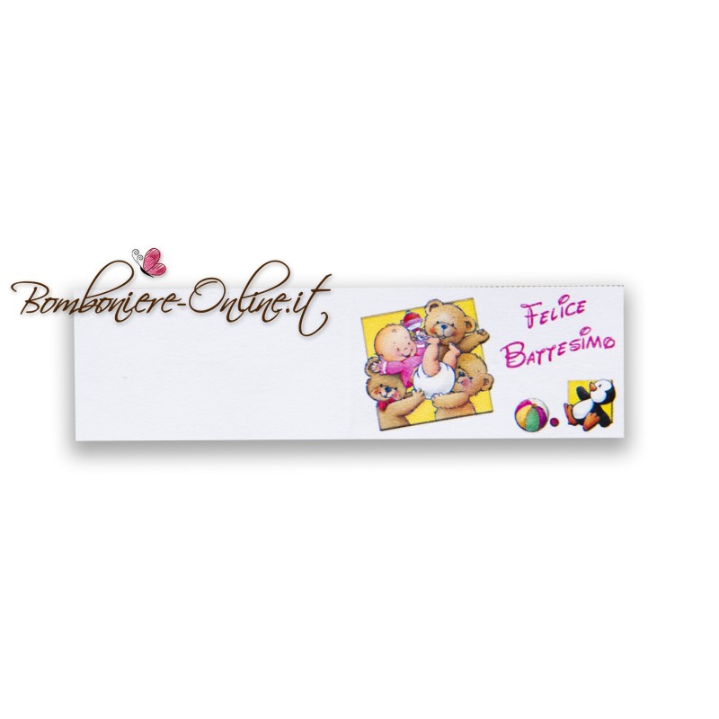 Biglietti bomboniera Felice Battesimo orsetti e pinguino rosa