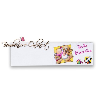 Biglietti bomboniera Felice Battesimo orsetti e pinguino rosa