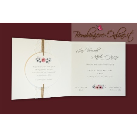 Partecipazione quadrata elegante pizzo c/invito incluso e tondo centrale